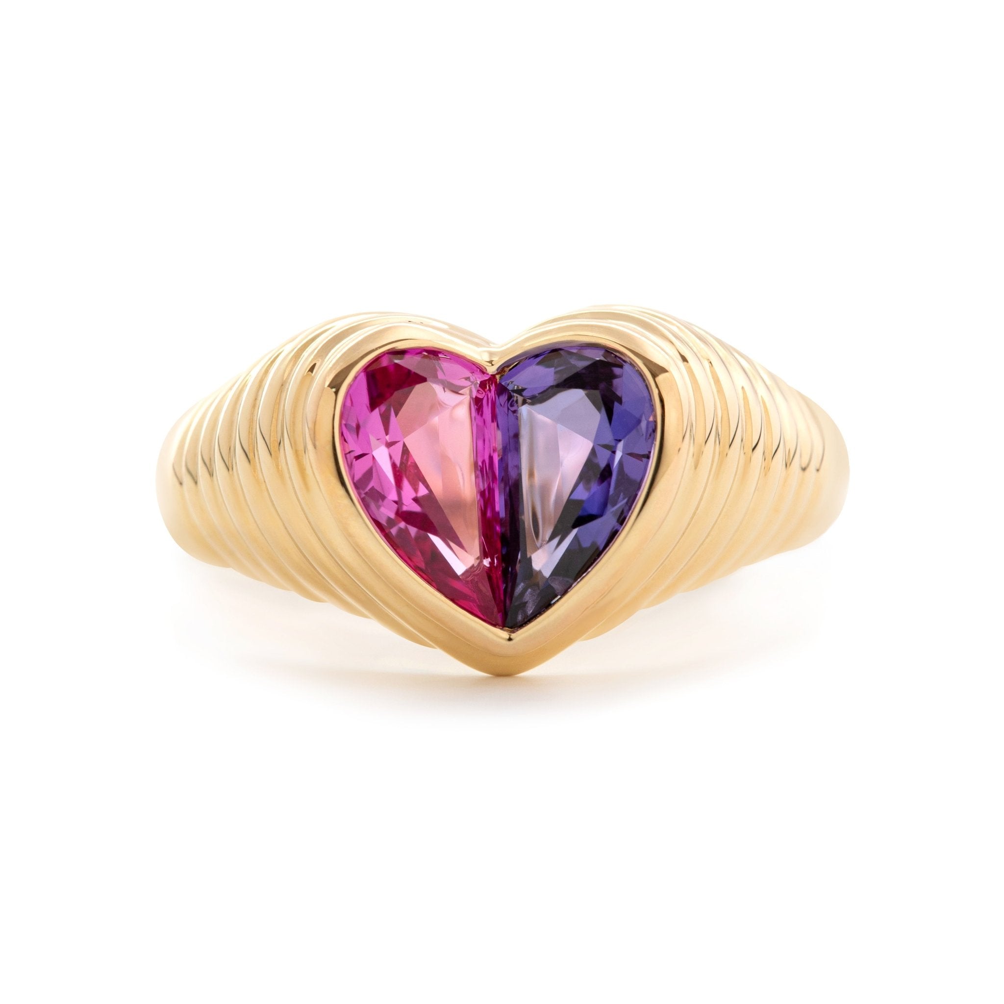 14K Yellow Gold Heart Shaped Toi et Moi Ring with 2 Half Heart Shapes Lab Pink Sapphire and Purple Sapphire (Fancy Corundum) - FIORESE JEWELRY