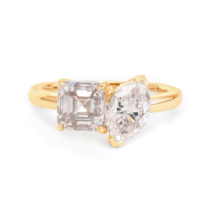 14K Yellow Gold Marquise Cut and Asscher Cut Lab Diamond Toi et Moi Ring - FIORESE JEWELRY