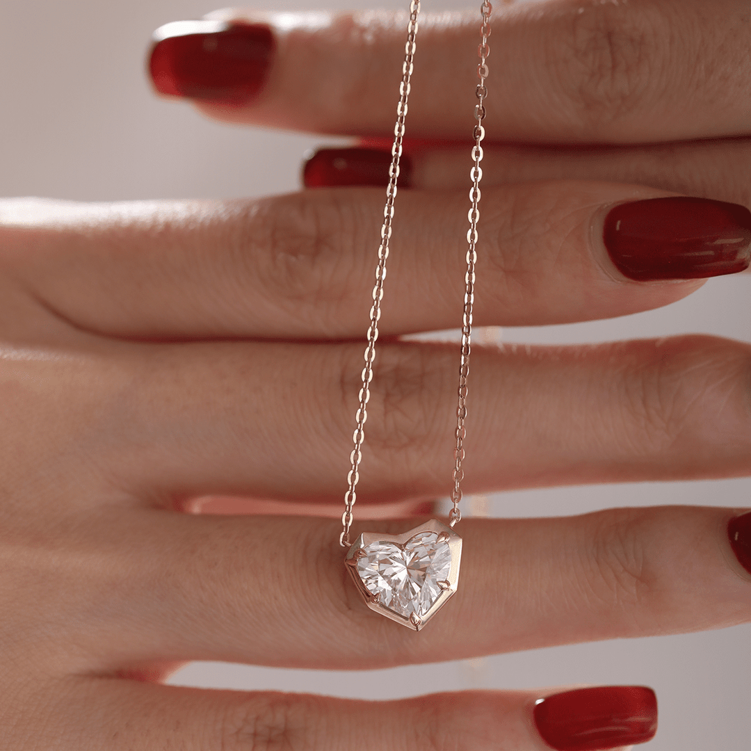 14K Yellow Gold Necklace with 2.5ct Heart Shaped Lab Diamond Pendant in Bezel Setting and Round Cross Chain - FIORESE JEWELRY