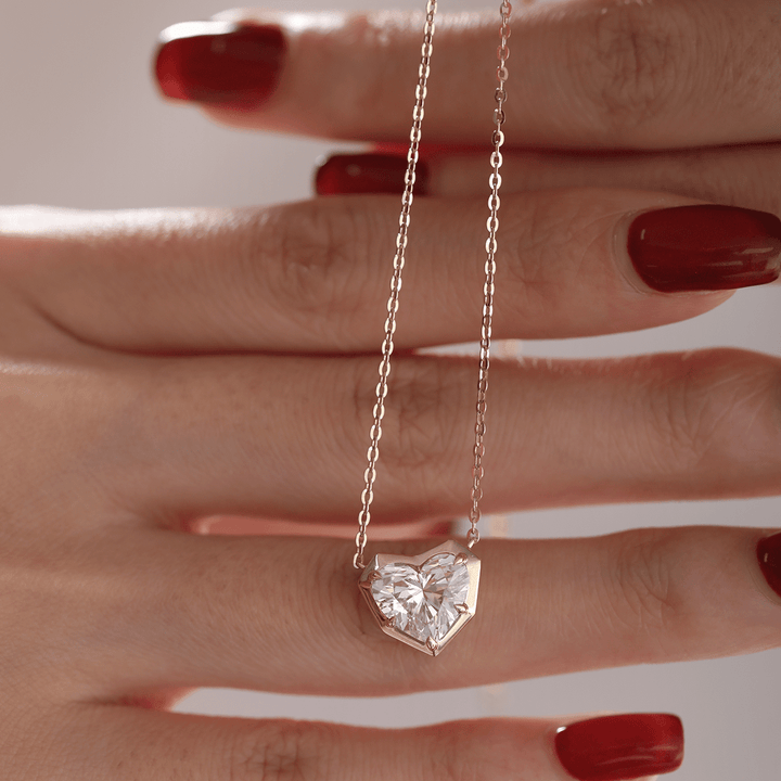 14K Yellow Gold Necklace with 2.5ct Heart Shaped Lab Diamond Pendant in Bezel Setting and Round Cross Chain - FIORESE JEWELRY