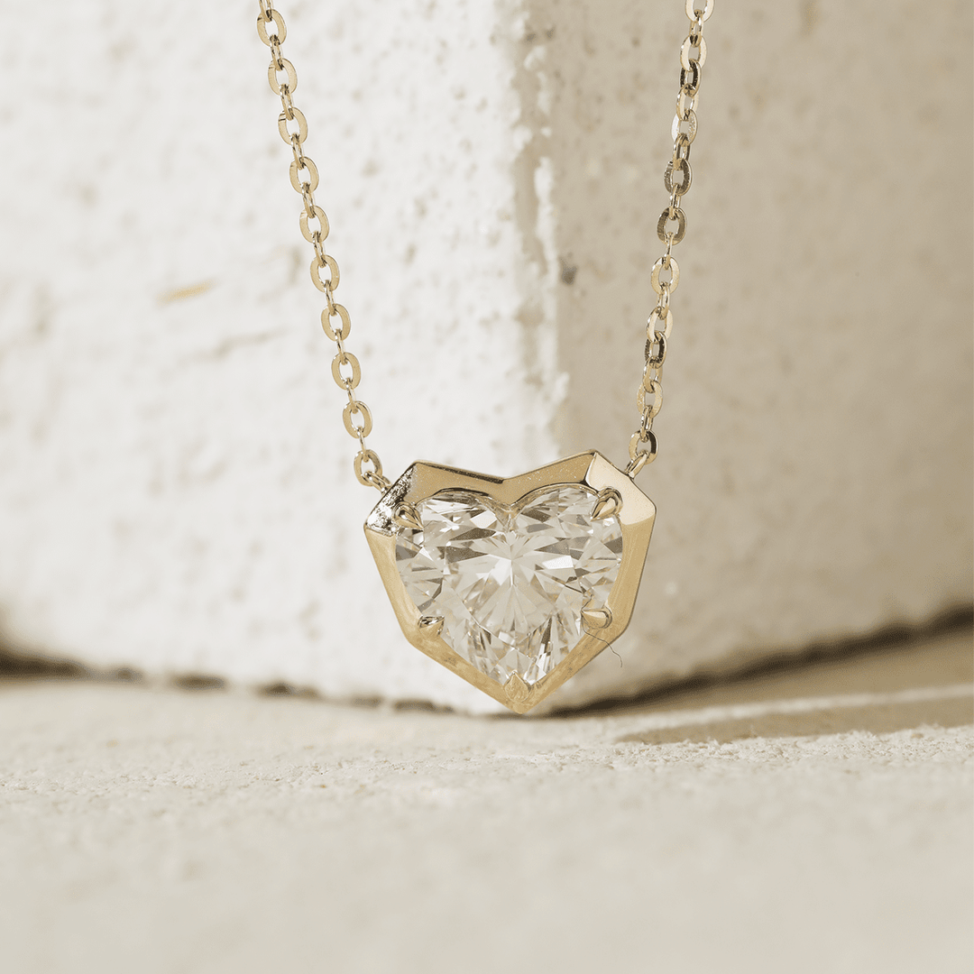 14K Yellow Gold Necklace with 2.5ct Heart Shaped Lab Diamond Pendant in Bezel Setting and Round Cross Chain - FIORESE JEWELRY