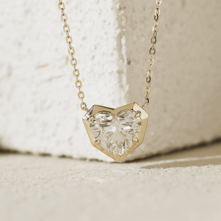 14K Yellow Gold Necklace with 2.5ct Heart Shaped Lab Diamond Pendant in Bezel Setting and Round Cross Chain - FIORESE JEWELRY