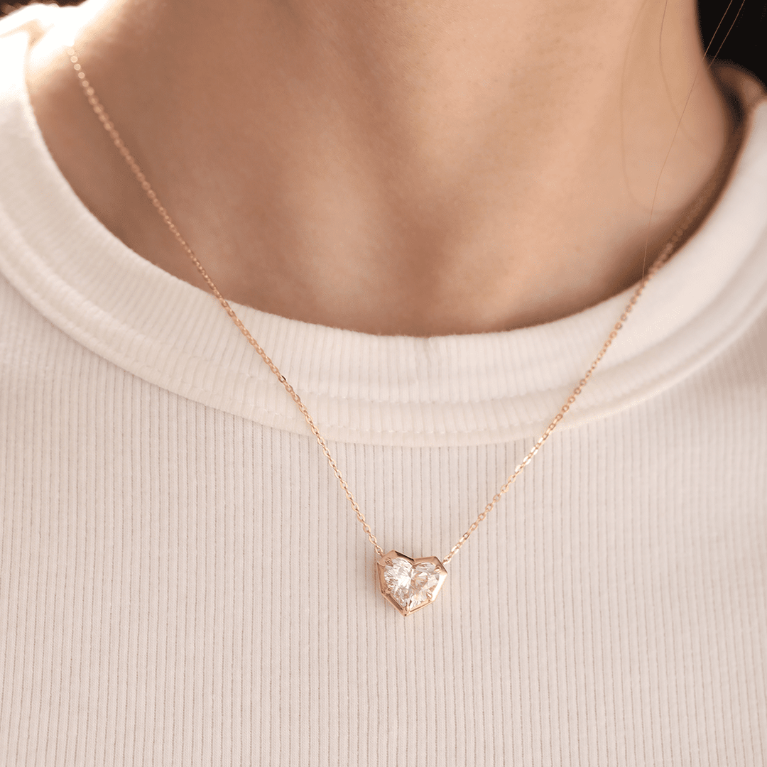 14K Yellow Gold Necklace with 2.5ct Heart Shaped Lab Diamond Pendant in Bezel Setting and Round Cross Chain - FIORESE JEWELRY