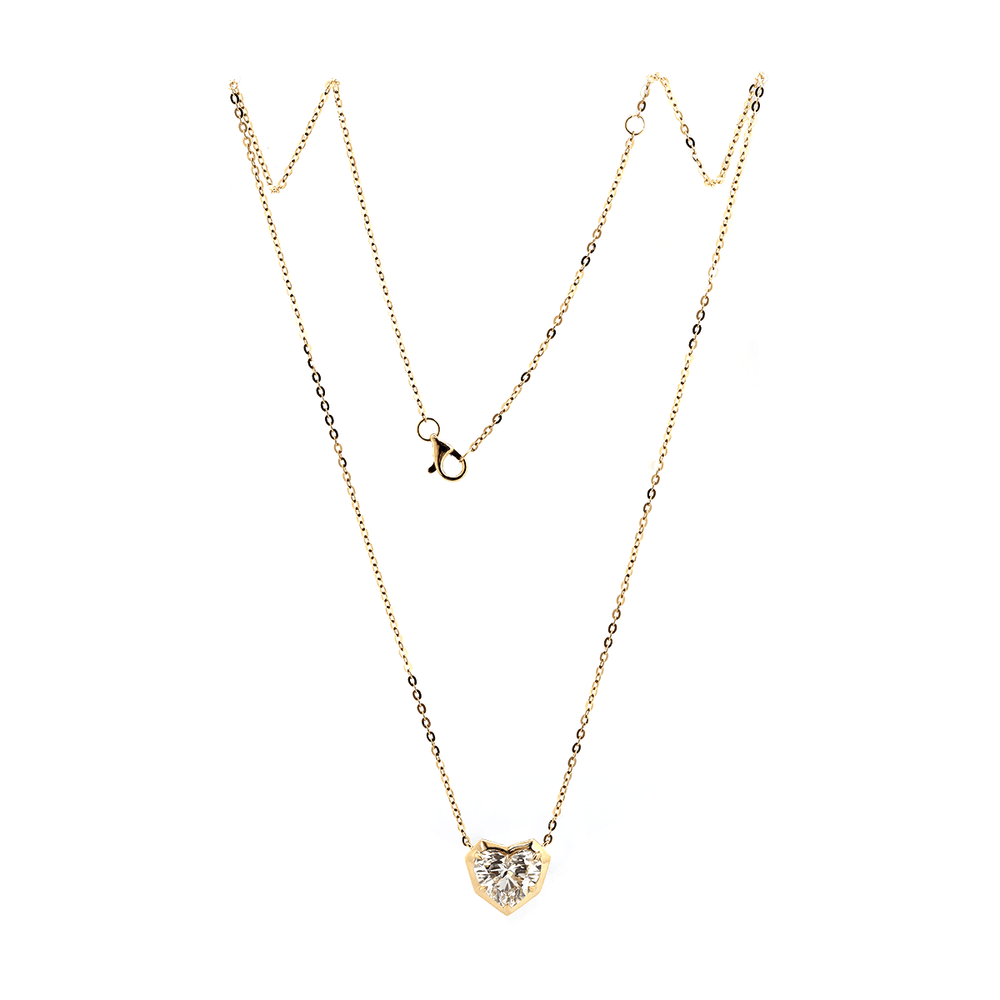 14K Yellow Gold Necklace with 2.5ct Heart Shaped Lab Diamond Pendant in Bezel Setting and Round Cross Chain - FIORESE JEWELRY