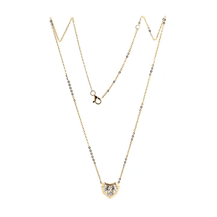 14K Yellow Gold Necklace with 2.5ct Heart Shaped Lab Diamond Pendant in Bezel Setting and Round Cross Chain - FIORESE JEWELRY