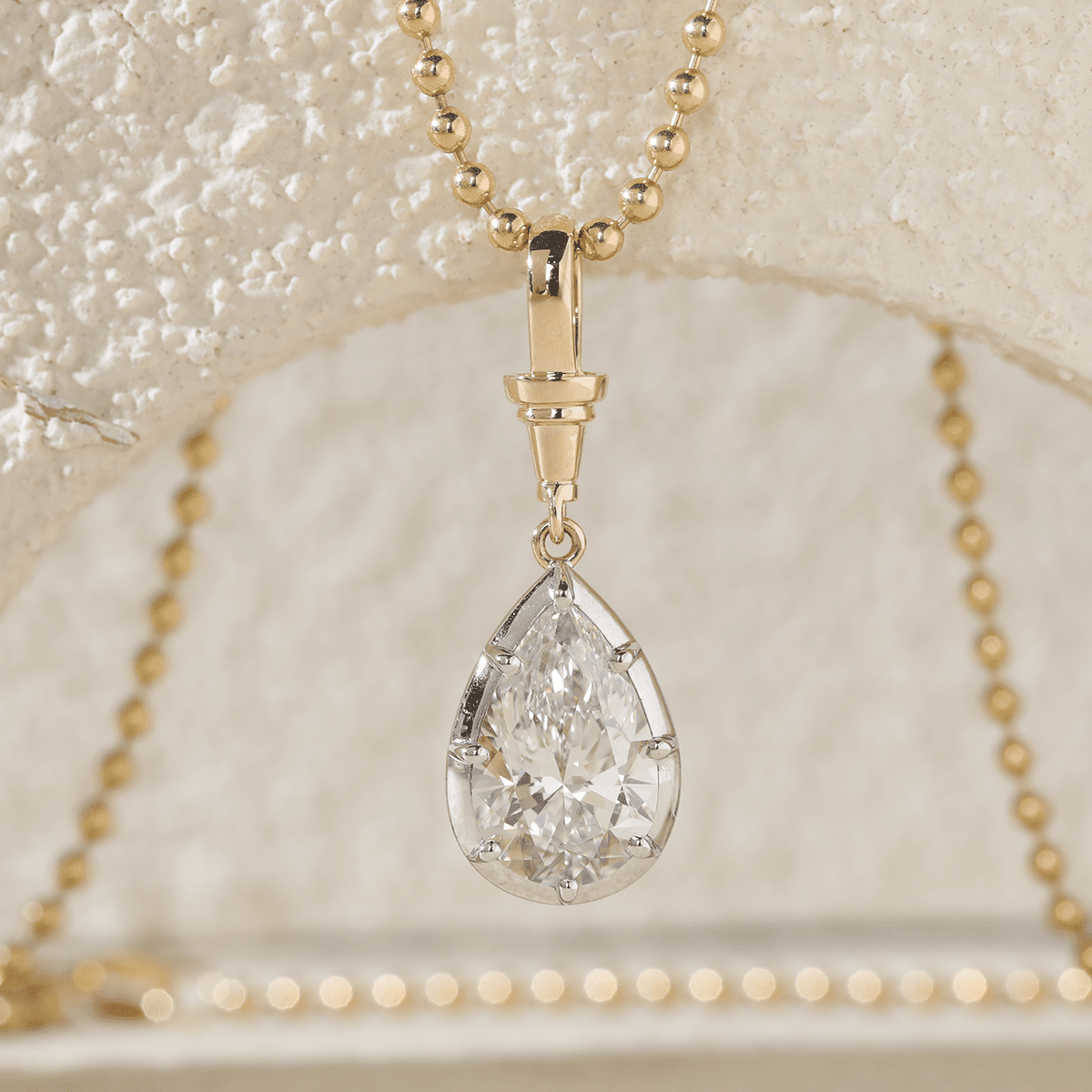Two-Tone Gold Necklace with Pear-Shaped Lab Diamond Bezel Pendant on Beaded Chain