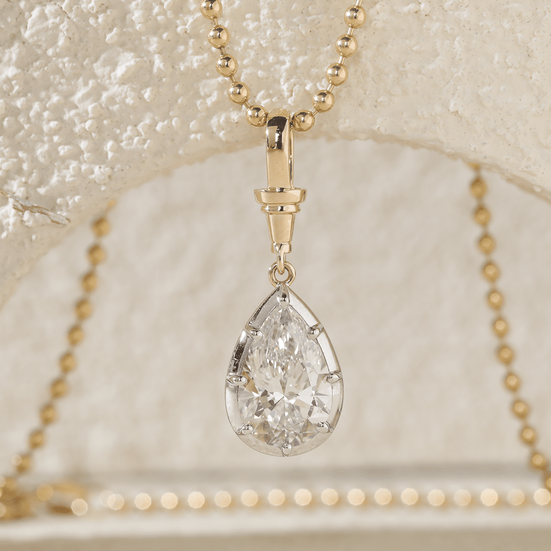 14K Yellow Gold Necklace with 3ct Pear Shaped Lab Diamond Pendant in White Gold Bezel Setting and Beaded Chain - FIORESE JEWELRY