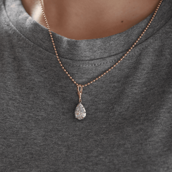 14K Yellow Gold Necklace with 3ct Pear Shaped Lab Diamond Pendant in White Gold Bezel Setting and Beaded Chain - FIORESE JEWELRY