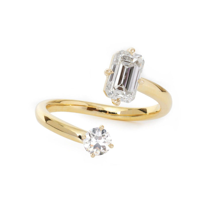 14K Yellow Gold Old European Cut &amp; Emerald Cut Lab Diamond Toi et Moi Ring - FIORESE JEWELRY