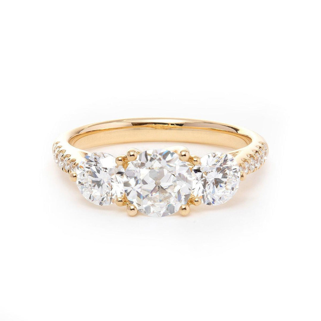 14K Yellow Gold Old European Cut Lab Diamond Pave Three Stone - FIORESE JEWELRY