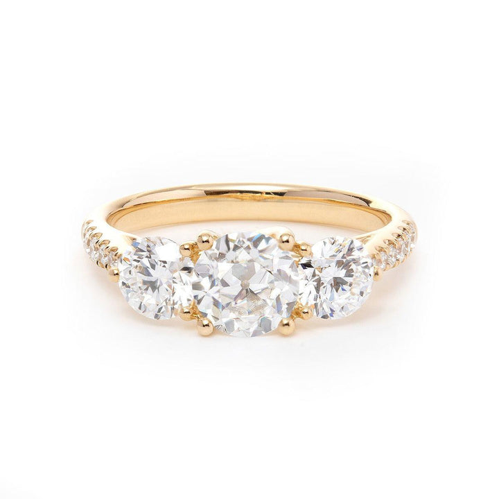 14K Yellow Gold Old European Cut Lab Diamond Pave Three Stone - FIORESE JEWELRY