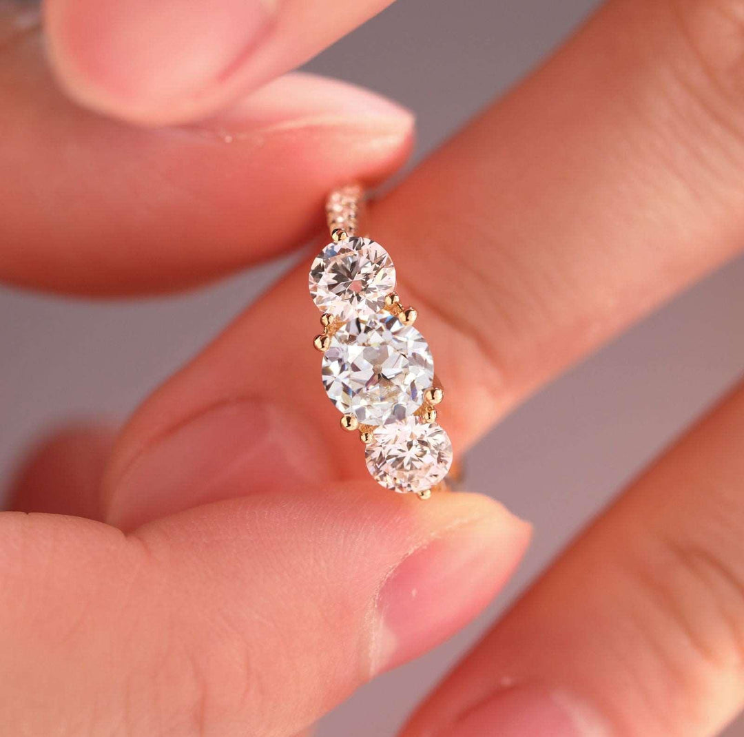 14K Yellow Gold Old European Cut Lab Diamond Pave Three Stone - FIORESE JEWELRY