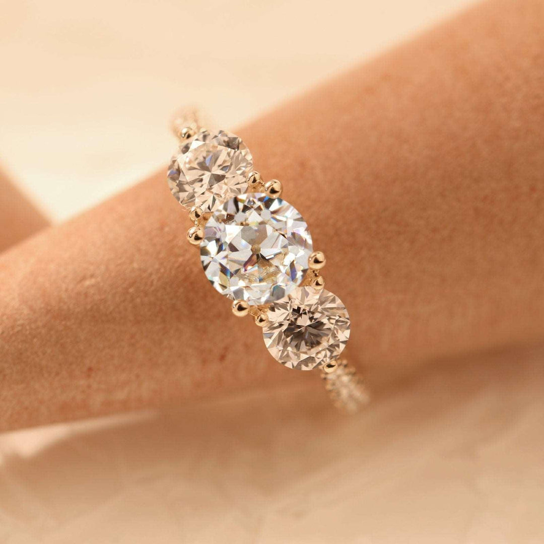 14K Yellow Gold Old European Cut Lab Diamond Pave Three Stone - FIORESE JEWELRY