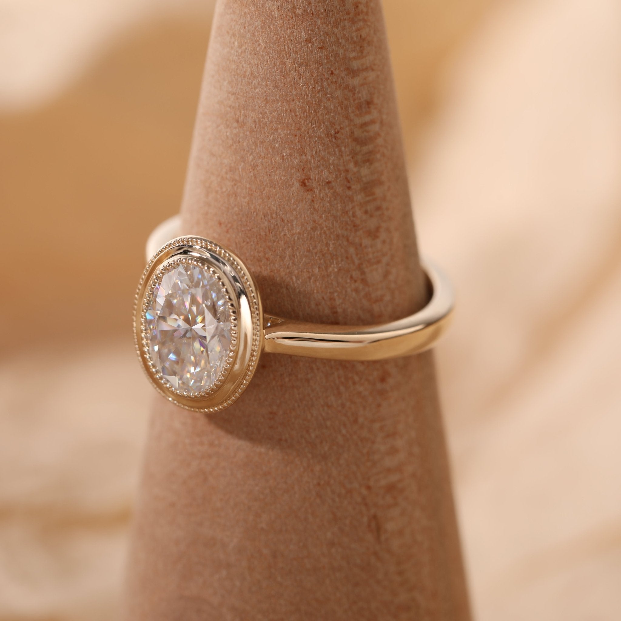 14K Yellow Gold Oval Cut Lab Diamond Millegrain Bezel Basket Solitaire Ring