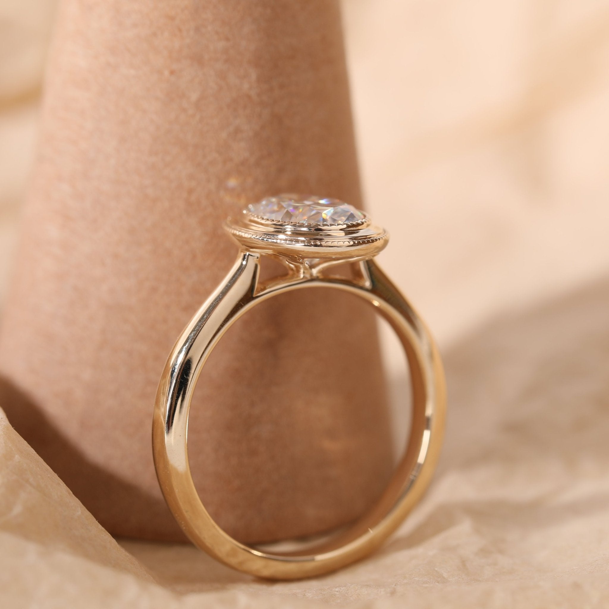 14K Yellow Gold Oval Cut Lab Diamond Millegrain Bezel Basket Solitaire Ring