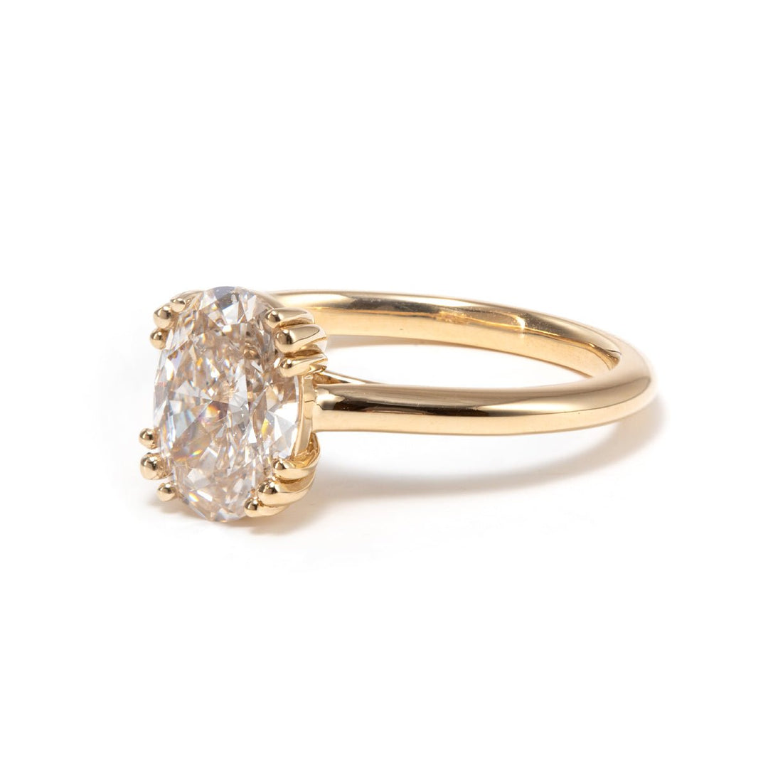14K Yellow Gold Oval Cut Lab Diamond Pink Corundum Hidden Halo Ring with Triple Prong and Cathedral Setting - FIORESE JEWELRY