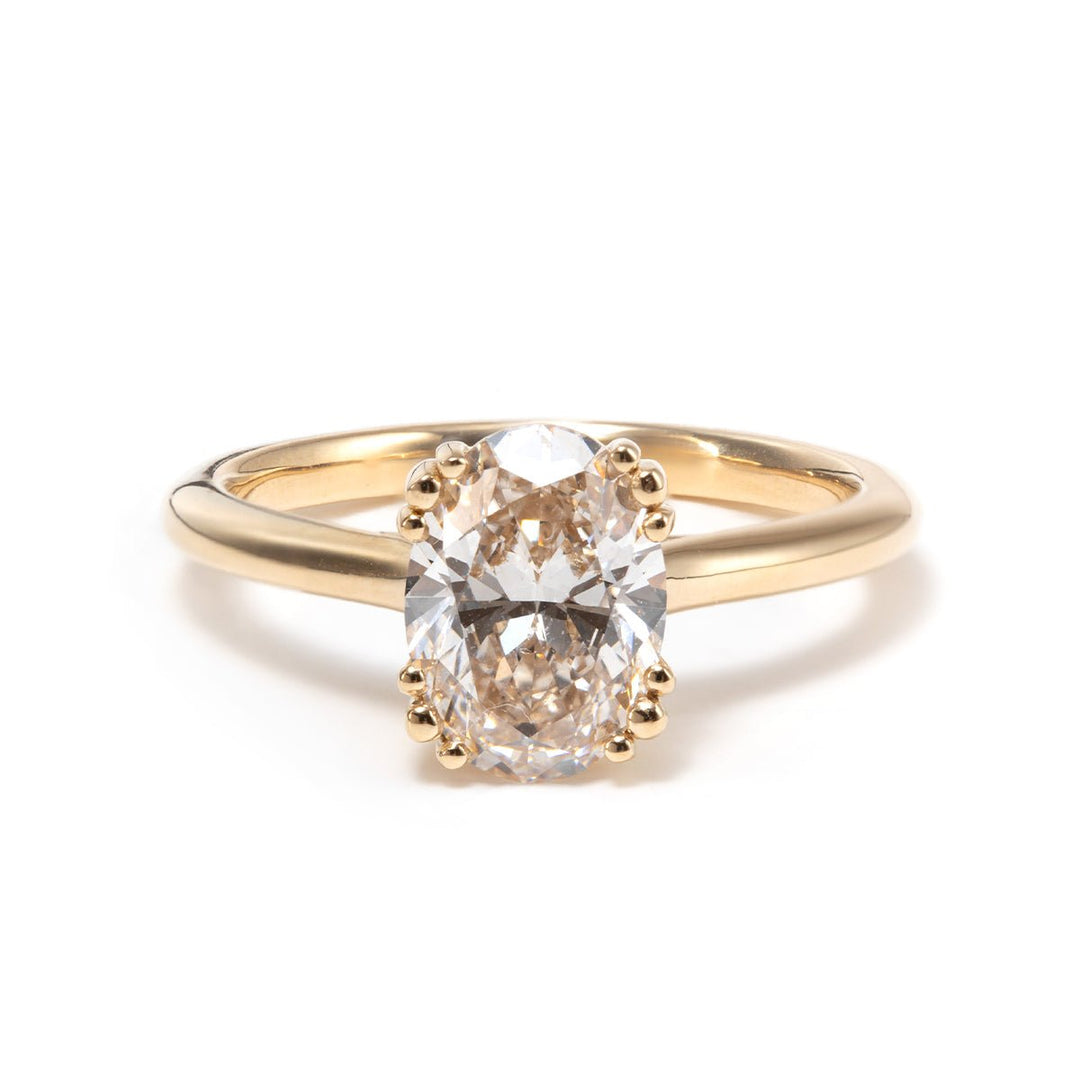 14K Yellow Gold Oval Cut Lab Diamond Pink Corundum Hidden Halo Ring with Triple Prong and Cathedral Setting - FIORESE JEWELRY