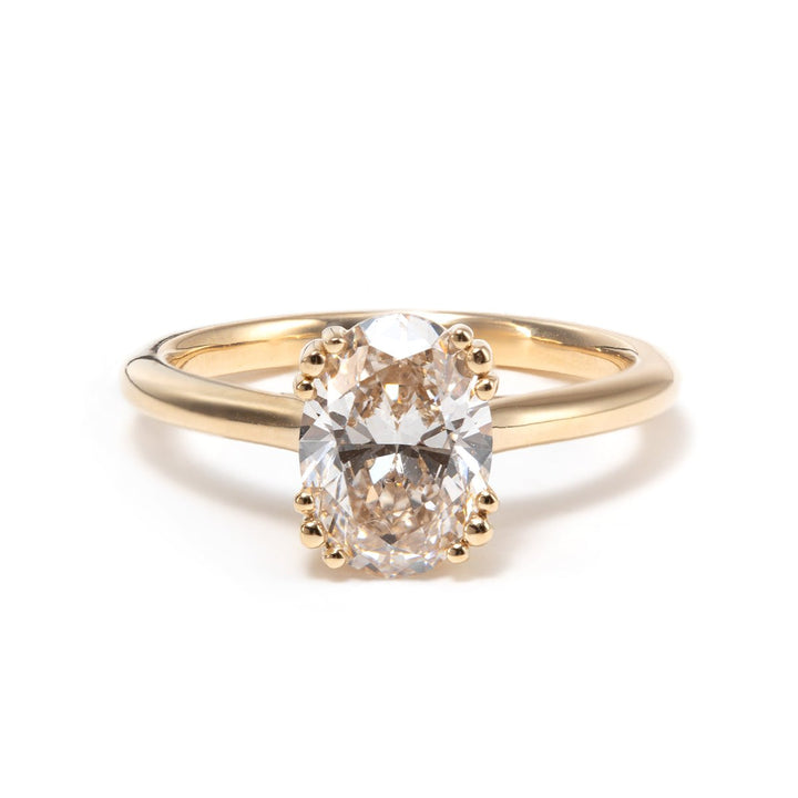 14K Yellow Gold Oval Cut Lab Diamond Pink Corundum Hidden Halo Ring with Triple Prong and Cathedral Setting - FIORESE JEWELRY