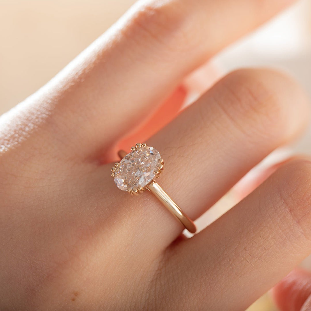 14K Yellow Gold Oval Cut Lab Diamond Pink Corundum Hidden Halo Ring with Triple Prong and Cathedral Setting - FIORESE JEWELRY