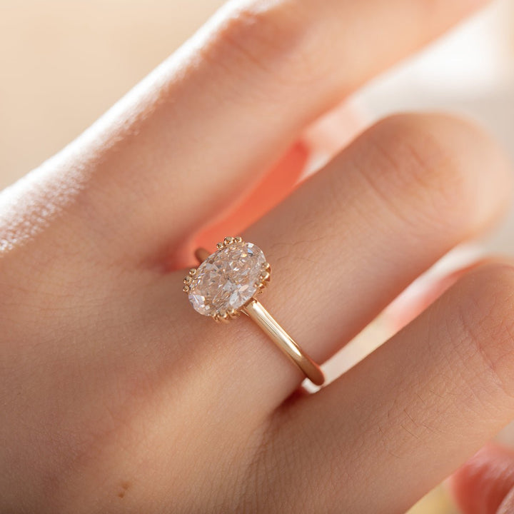 14K Yellow Gold Oval Cut Lab Diamond Pink Corundum Hidden Halo Ring with Triple Prong and Cathedral Setting - FIORESE JEWELRY