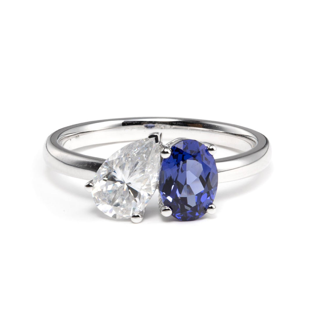 14K Yellow Gold Oval Cut Lab Sapphire and Pear Shaped Lab Diamond Toi et Moi Ring - FIORESE JEWELRY