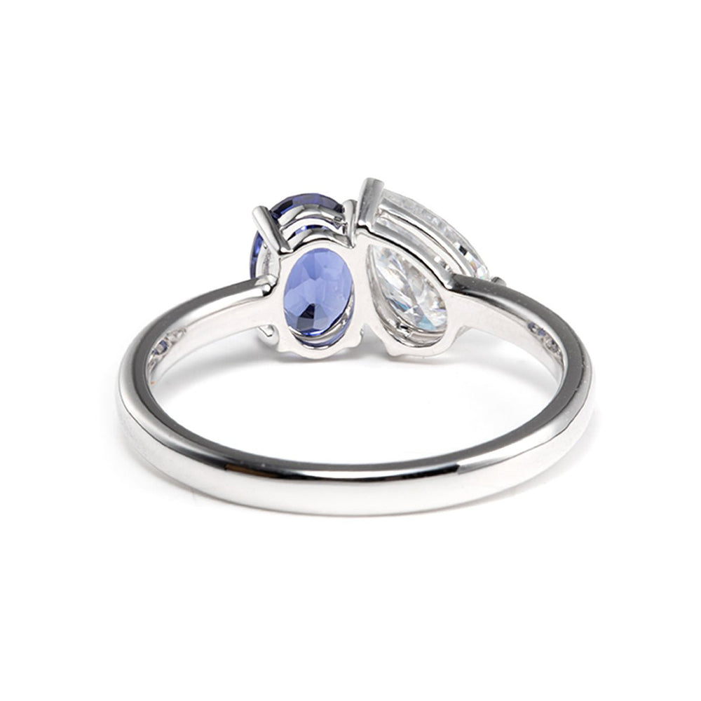 14K Yellow Gold Oval Cut Lab Sapphire and Pear Shaped Lab Diamond Toi et Moi Ring - FIORESE JEWELRY