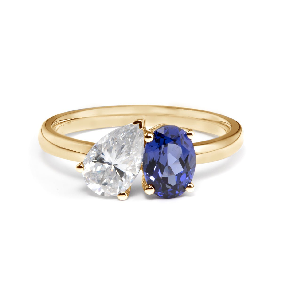 14K Yellow Gold Oval Cut Lab Sapphire and Pear Shaped Lab Diamond Toi et Moi Ring - FIORESE JEWELRY