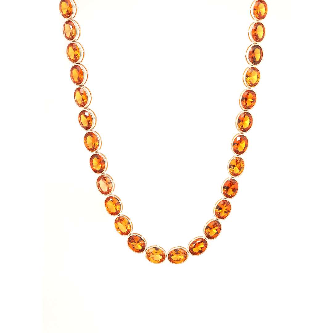 14K Yellow Gold Oval Lab Orange Sapphire Bezel Tennis Necklace with Adjustable Chain - FIORESE JEWELRY