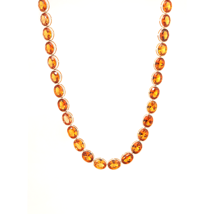 14K Yellow Gold Oval Lab Orange Sapphire Bezel Tennis Necklace with Adjustable Chain - FIORESE JEWELRY