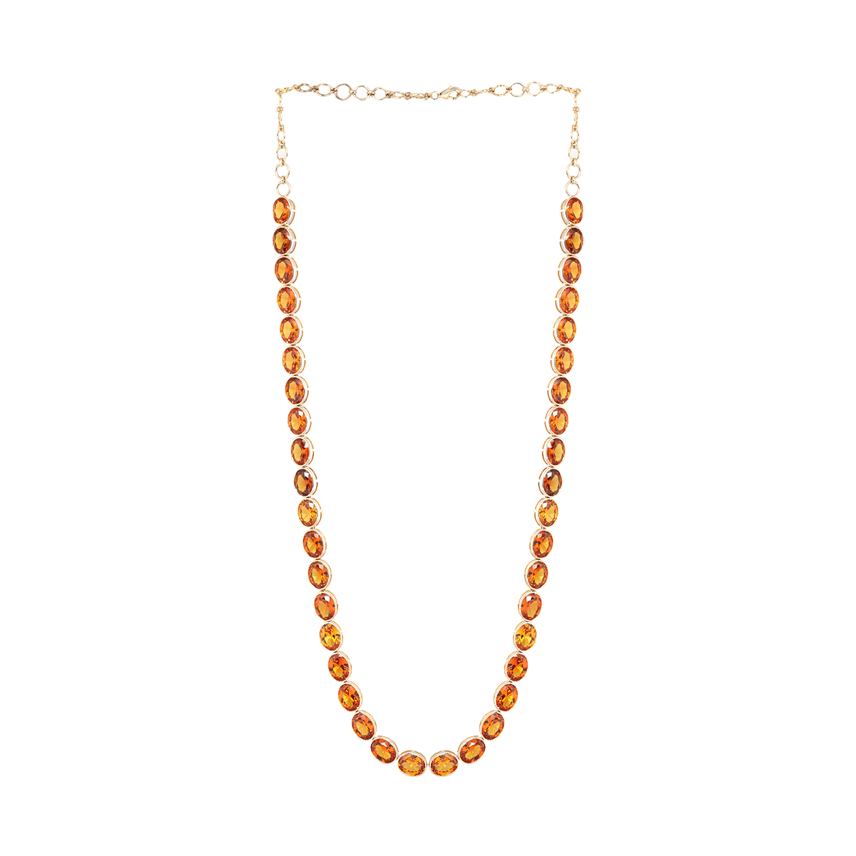 14K Yellow Gold Oval Lab Orange Sapphire Bezel Tennis Necklace with Adjustable Chain - FIORESE JEWELRY