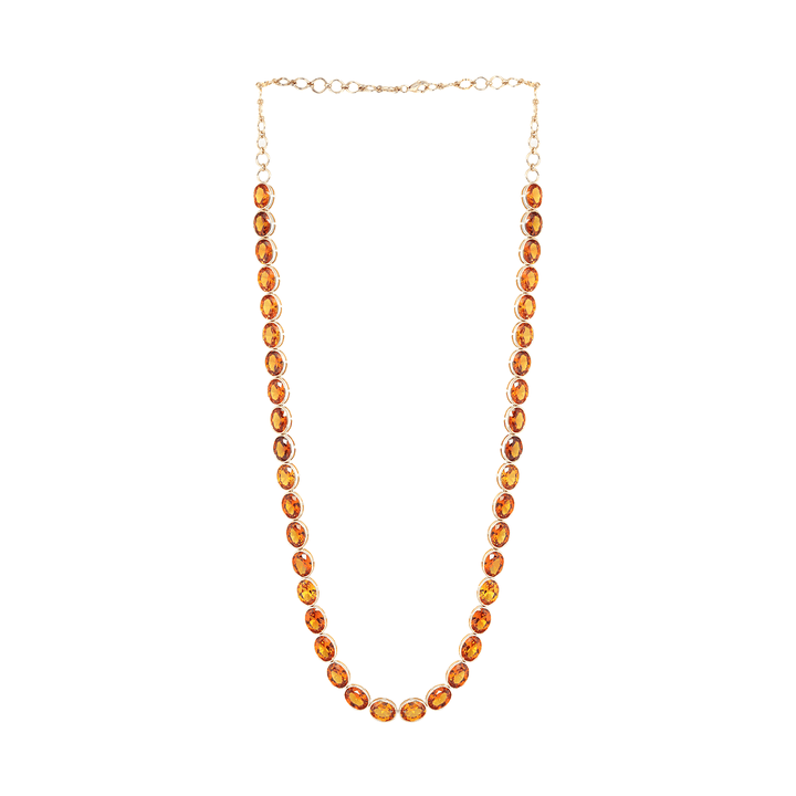 14K Yellow Gold Oval Lab Orange Sapphire Bezel Tennis Necklace with Adjustable Chain - FIORESE JEWELRY