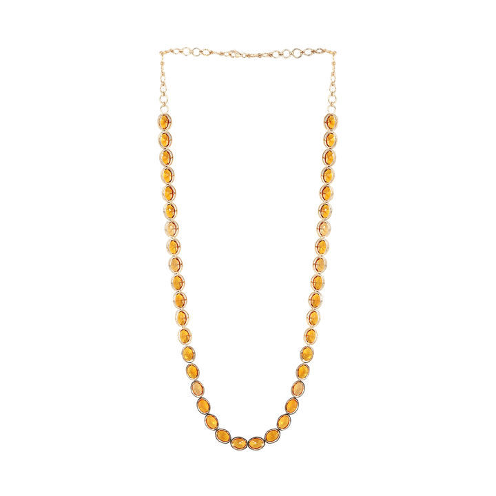 14K Yellow Gold Oval Lab Orange Sapphire Bezel Tennis Necklace with Adjustable Chain - FIORESE JEWELRY