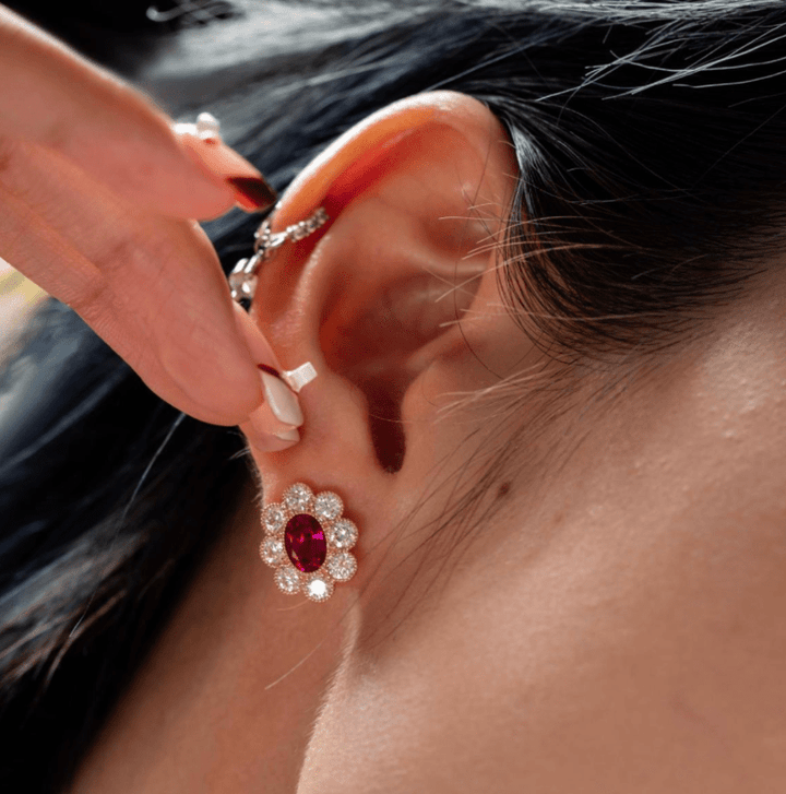 14K Yellow Gold Oval Pink Sapphire &amp; Round Lab Diamond Flower Millegrain Bezel Stud Earrings - FIORESE JEWELRY