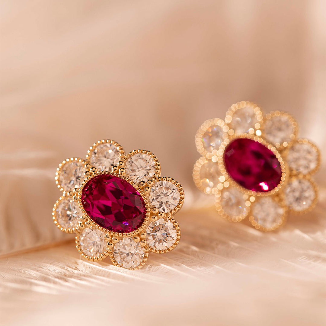 14K Yellow Gold Oval Pink Sapphire &amp; Round Lab Diamond Flower Millegrain Bezel Stud Earrings - FIORESE JEWELRY