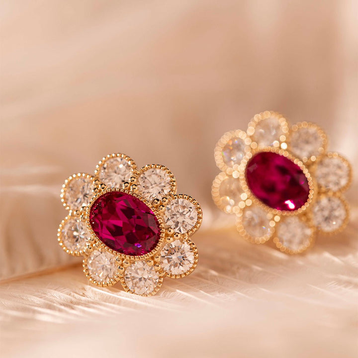 14K Yellow Gold Oval Pink Sapphire &amp; Round Lab Diamond Flower Millegrain Bezel Stud Earrings - FIORESE JEWELRY