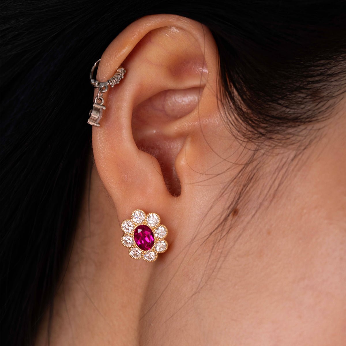 14K Yellow Gold Oval Pink Sapphire & Round Lab Diamond Flower Millegrain Bezel Stud Earrings
