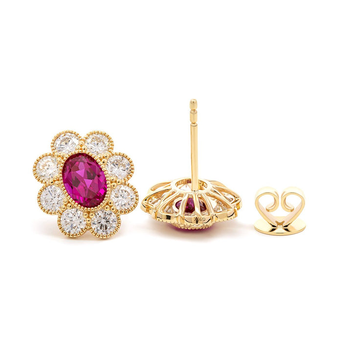 14K Yellow Gold Oval Pink Sapphire &amp; Round Lab Diamond Flower Millegrain Bezel Stud Earrings - FIORESE JEWELRY