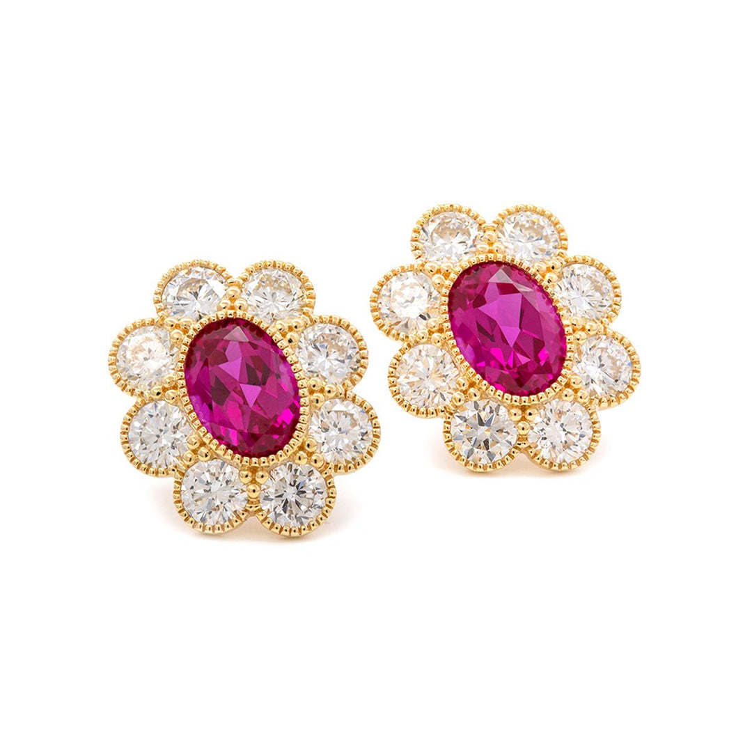14K Yellow Gold Oval Pink Sapphire &amp; Round Lab Diamond Flower Millegrain Bezel Stud Earrings - FIORESE JEWELRY