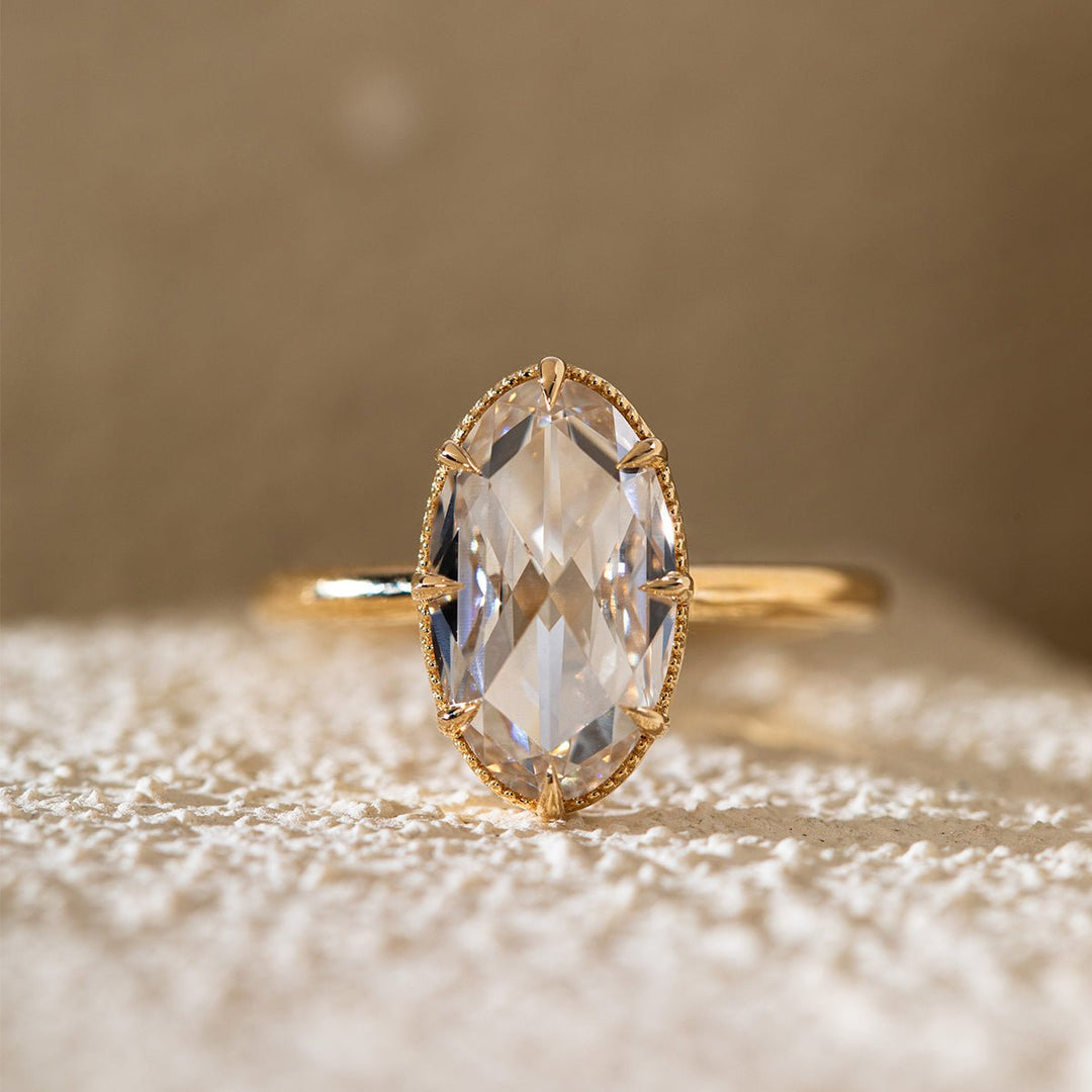 14K Yellow Gold Oval Rose Cut Lab Diamond Millegrain Solitaire Ring - FIORESE JEWELRY