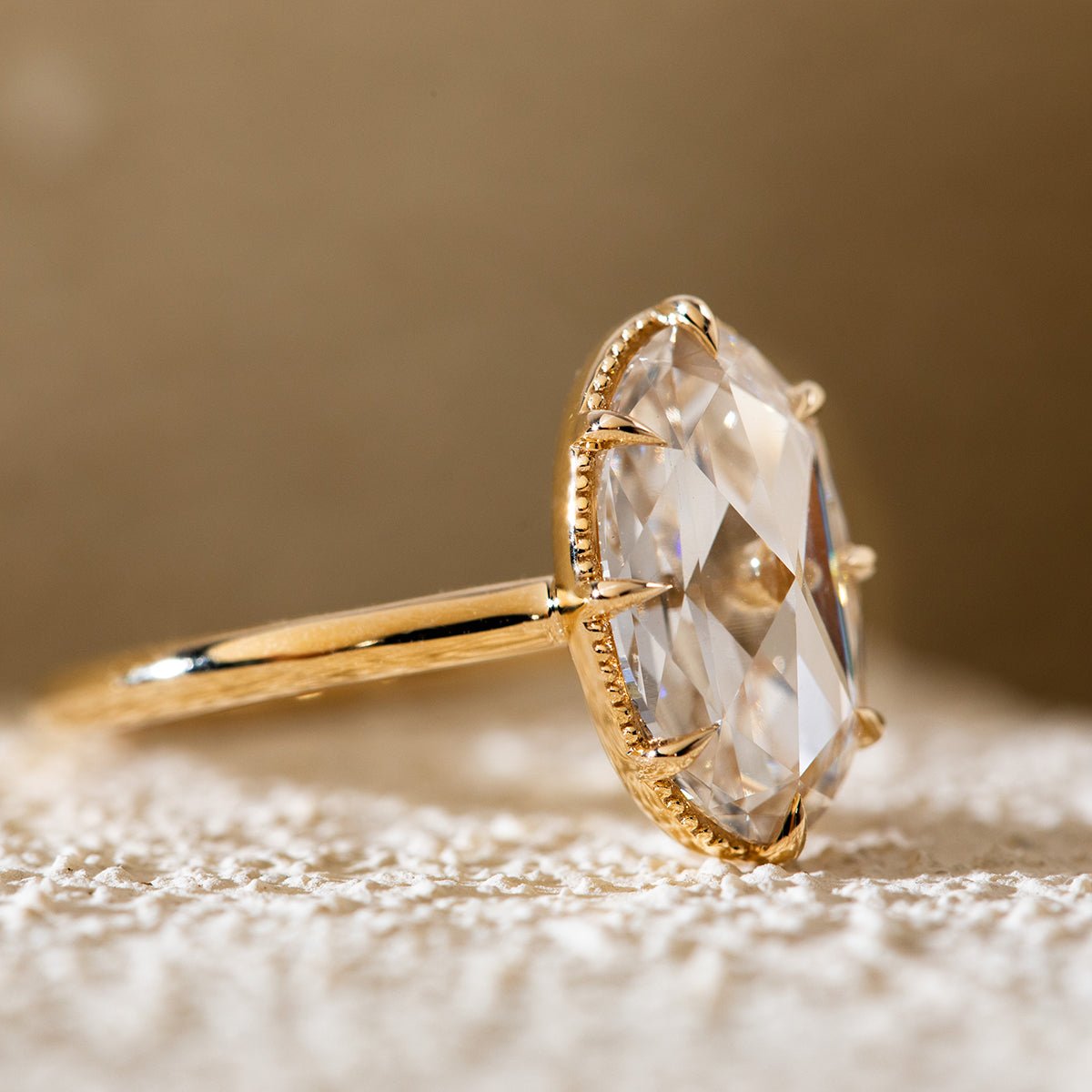 14K Yellow Gold Oval Rose Cut Lab Diamond Millegrain Solitaire Ring