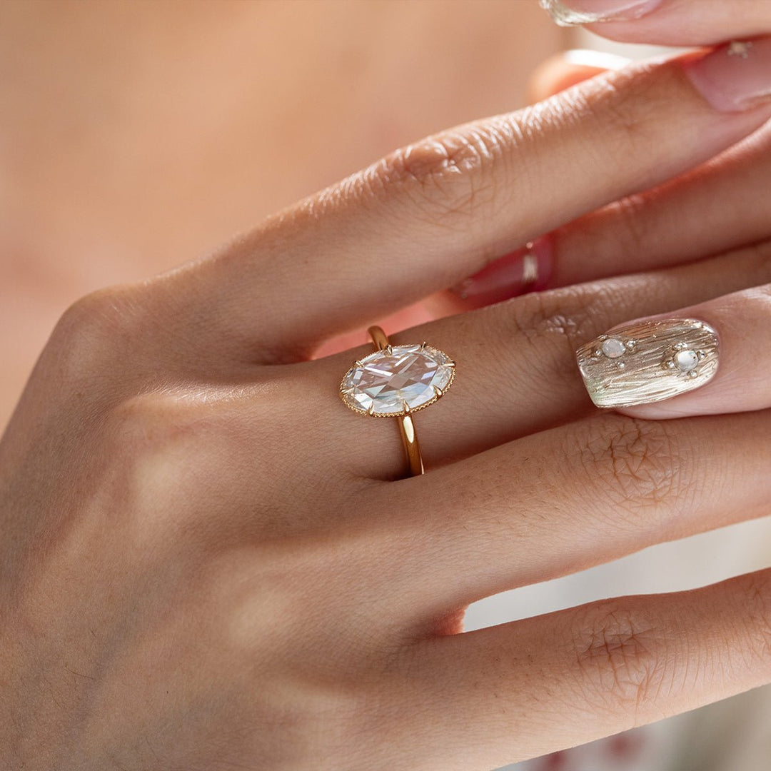 14K Yellow Gold Oval Rose Cut Lab Diamond Millegrain Solitaire Ring - FIORESE JEWELRY