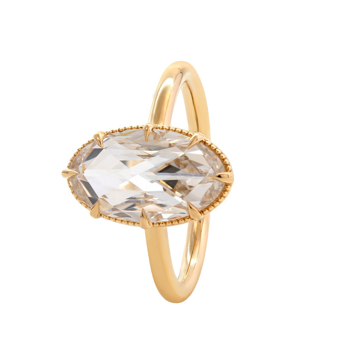 14K Yellow Gold Oval Rose Cut Lab Diamond Millegrain Solitaire Ring