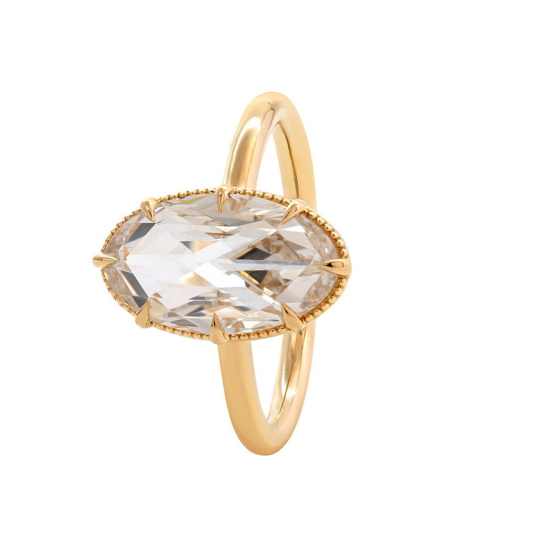 14K Yellow Gold Oval Rose Cut Lab Diamond Millegrain Solitaire Ring - FIORESE JEWELRY