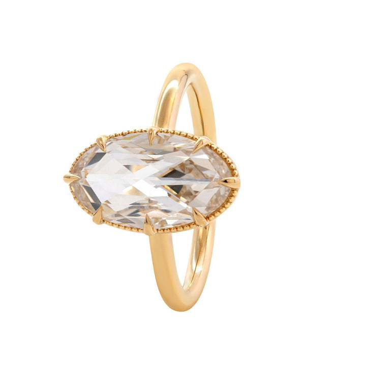14K Yellow Gold Oval Rose Cut Lab Diamond Millegrain Solitaire Ring - FIORESE JEWELRY