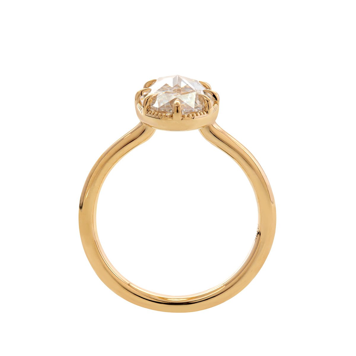 14K Yellow Gold Oval Rose Cut Lab Diamond Millegrain Solitaire Ring