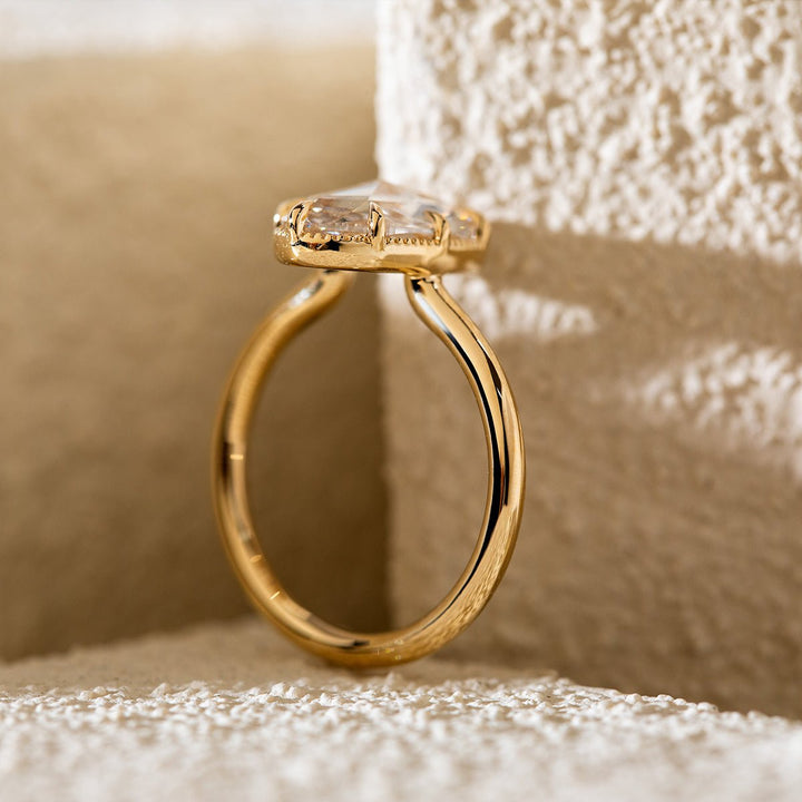 14K Yellow Gold Oval Rose Cut Lab Diamond Millegrain Solitaire Ring - FIORESE JEWELRY