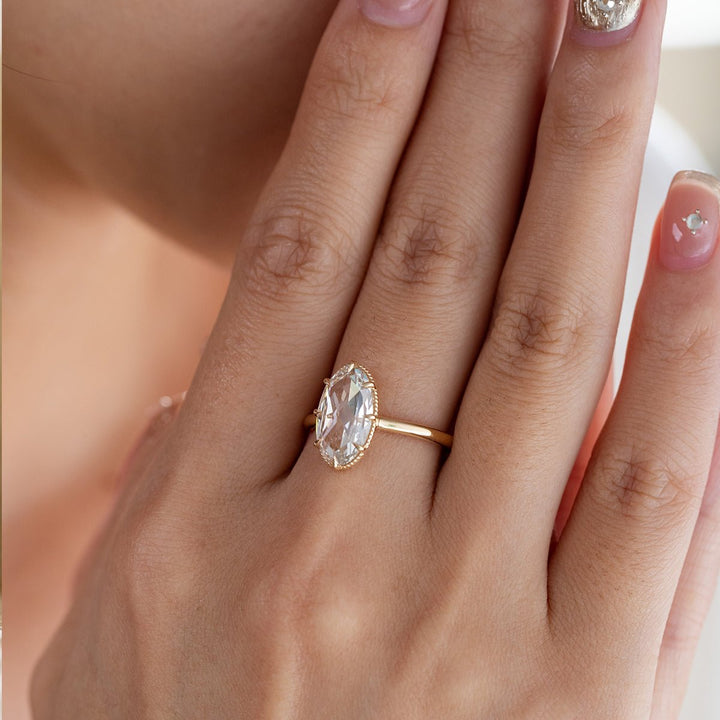 14K Yellow Gold Oval Rose Cut Lab Diamond Millegrain Solitaire Ring - FIORESE JEWELRY