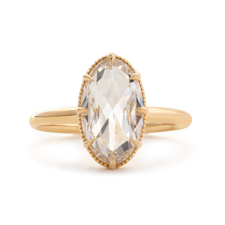 14K Yellow Gold Oval Rose Cut Lab Diamond Millegrain Solitaire Ring - FIORESE JEWELRY