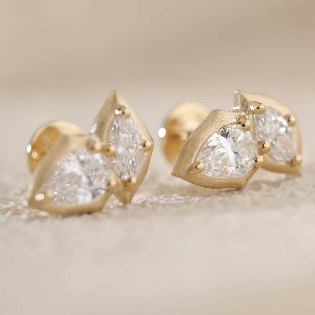 14K Yellow Gold Pear and Marquise Cut Lab Diamond Stud Earrings - FIORESE JEWELRY