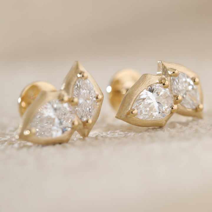 14K Yellow Gold Pear and Marquise Cut Lab Diamond Stud Earrings - FIORESE JEWELRY